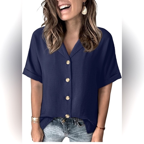 NY Collection Tops - NWT women’s medium petite, navy blue ruffle sleeve button-down V-neck blouse